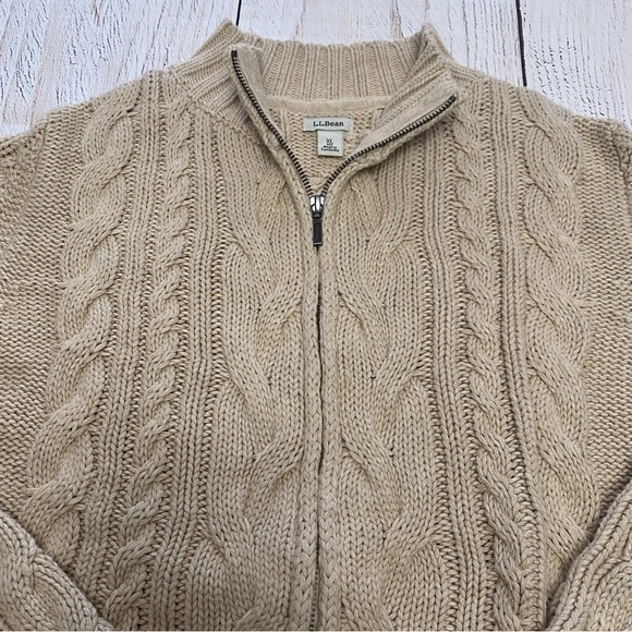 L.L. Bean Women's Beige Cable Knit Zip-Up Sweater - Picture 3 of 9